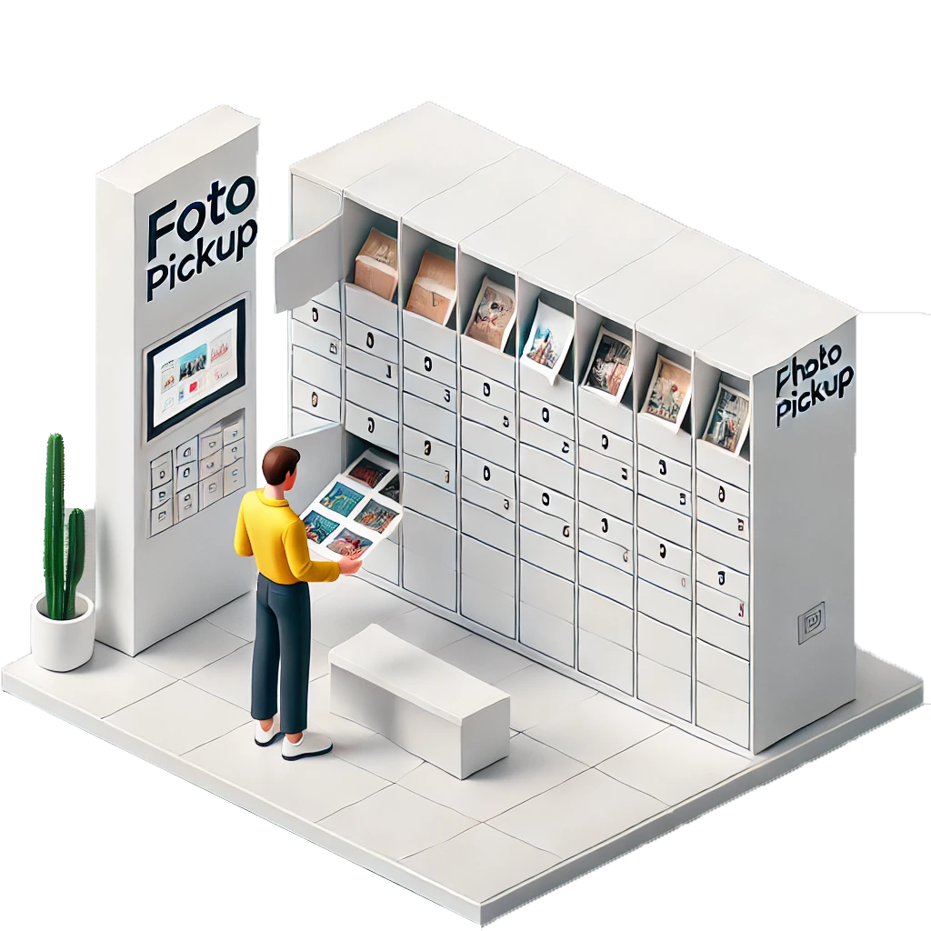 DALL·E 2024-10-09 13.40.14 - An isometric illustration showing a modern, self-service environment where a character is picking up photos from a locker system. The character stands copy dell